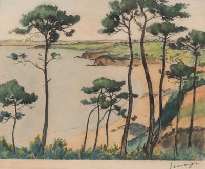 une aquarelle représentant des arbres près d'un plan d'eau