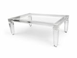 table basse en acrylique avec des pieds en acrylique transparent et un plateau en verre transparent