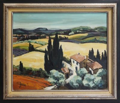 une peinture à l'huile représentant un paysage avec une maison et des arbres