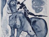 une image représentant un dessin en bleu et blanc d'un homme à cheval