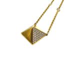 a close up of a gold necklace with diamonds on a chain