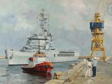 a painting of a man standing on a dock next to a boat