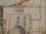 tableau représentant un vieux bâtiment avec une horloge sur sa façade
