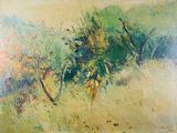 une peinture d'un champ avec des arbres en arrière-plan