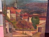 painting of a village scene with a church and a church steeple