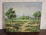 an oil painting of a landscape with a church in the distance