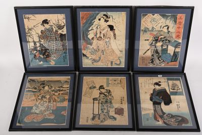 quatre gravures japonaises encadrées représentant des geishas avec des parapluies