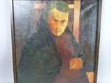 tableau représentant une femme assise à une table, une pomme à la main