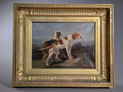 tableau représentant deux chiens dans un paysage, avec un chien couché par terre