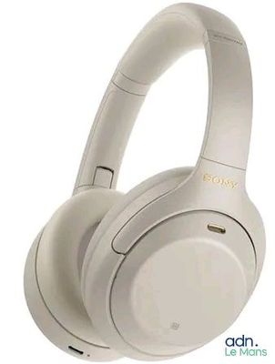 the sony headphones are white and have a microphone attached to it