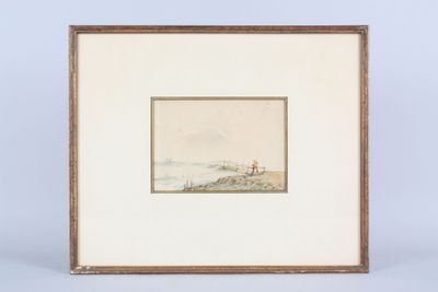 paysage animé : petite aquarelle non signée, 11 x 15 cm env.