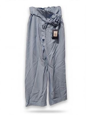 blue pants with a tie on the side and a tag on the side