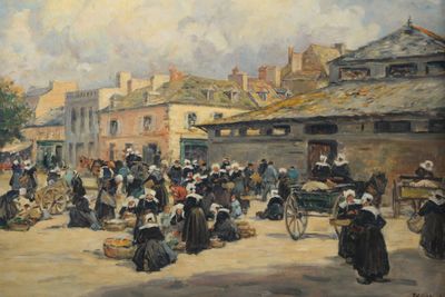a painting of a street scene with people walking around
