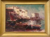 a painting of boats in the water near a building