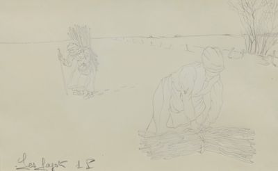 drawing of two men plowing a field with trees in the background