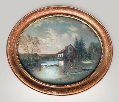 an image of a painting of a house by a lake
