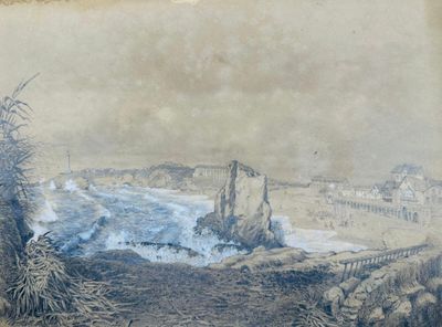 un tableau représentant une vue sur une plage et un plan d'eau