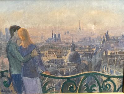 un tableau représentant deux personnes debout sur un balcon donnant sur une ville