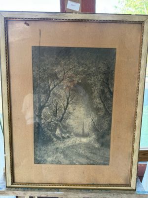 une photo d'une photo représentant une forêt, dans un cadre posé sur une table