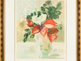 tableau représentant des fleurs dans un vase posé sur une table devant une fenêtre