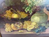 a painting of a vase of flowers and fruit on a table