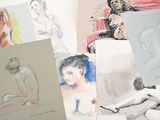 many different colored drawings of a woman sitting on a bed