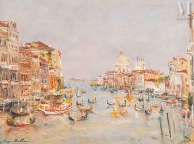 painting of a view of a canal with boats and buildings