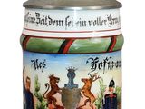 an image of a beer mug with a statue on top of it