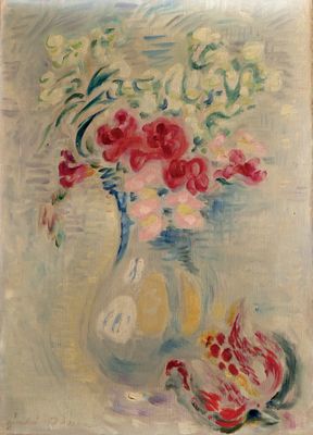 une peinture de fleurs dans un vase sur une table