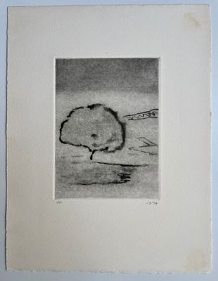 a black and white drawing of a tree in the middle of a field