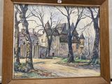 une peinture représentant une peinture d'une maison située dans un environnement boisé