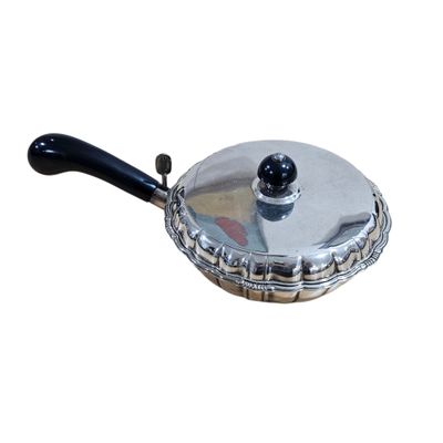 a silver pan with a black handle on a white background