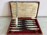 six knives in a red case with a white handle