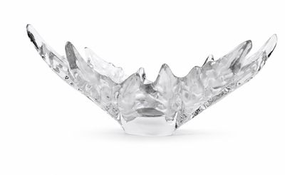 un saladier en verre transparent orné d'ailes d'oiseau