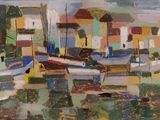 a painting of boats in a harbor on a sunny day