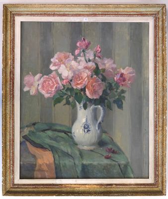 a painting of pink roses in a vase on a table