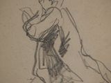 drawing of a man in a robe holding a knife in his right hand