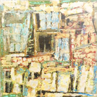 an oil painting of a building with a lot of windows