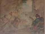 tableau représentant un groupe de personnes dans une pièce où se trouve un tableau représentant un homme jouant de la guitare