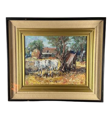 une image représentant un tableau illustrant une scène de vie à la ferme, avec des vaches et du foin