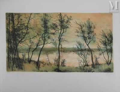 an image of a painting of trees in a field with a lake in the background