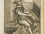 un vieux livre sur lequel figure le dessin d'un homme assis au piano