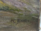 an oil painting of a mountain scene with a lone horse in the foreground