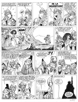 une page d'une bande dessinée représentant une sorcière et d'autres personnages