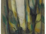 l'image d'une peinture d'arbres aux feuilles jaunes et vertes