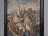 an oil painting of a village scene with a church steeple in the background