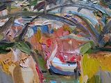 an oil painting of a bridge over a river with boats on it