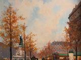 tableau représentant une scène de rue en ville avec des passants et des calèches