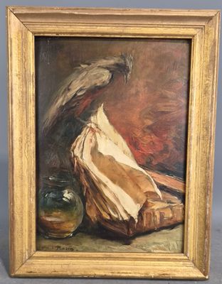 une image représentant une nature morte avec un vase et un oiseau