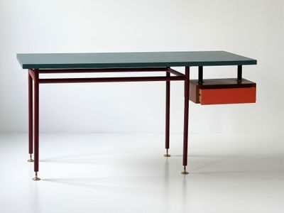 an image of a desk with a drawer underneath it on a white surface